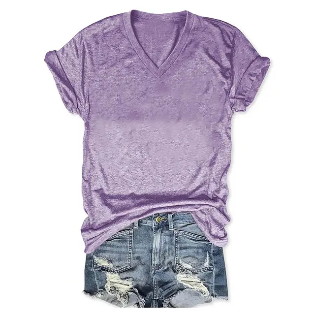 Europe And America Spring And Summer Solid Color Printing T shirt V neck Pullover Purple - Shop at LoveMi