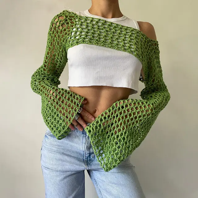 Solid Color Round Neck Long Sleeve Knitted Blouse Green - Shop at LoveMi