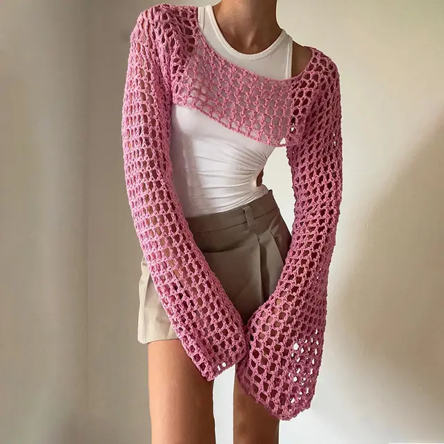 Solid Color Round Neck Long Sleeve Knitted Blouse Pink - Shop at LoveMi