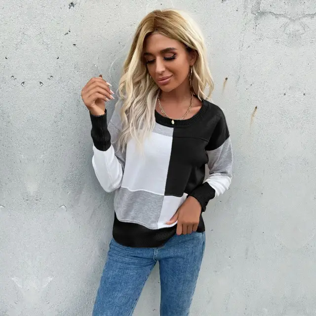Pullover Round Neck Stitching Long Sleeve Knitted Sweater For Women Black Gray - Shop at LoveMi