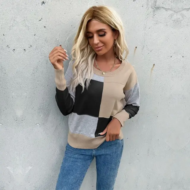 Pullover Round Neck Stitching Long Sleeve Knitted Sweater For Women Black - Shop at LoveMi