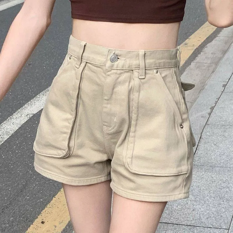 Summer Thin High Waist Slim Workwear Denim Shorts For Women Khaki - Shop at LoveMi