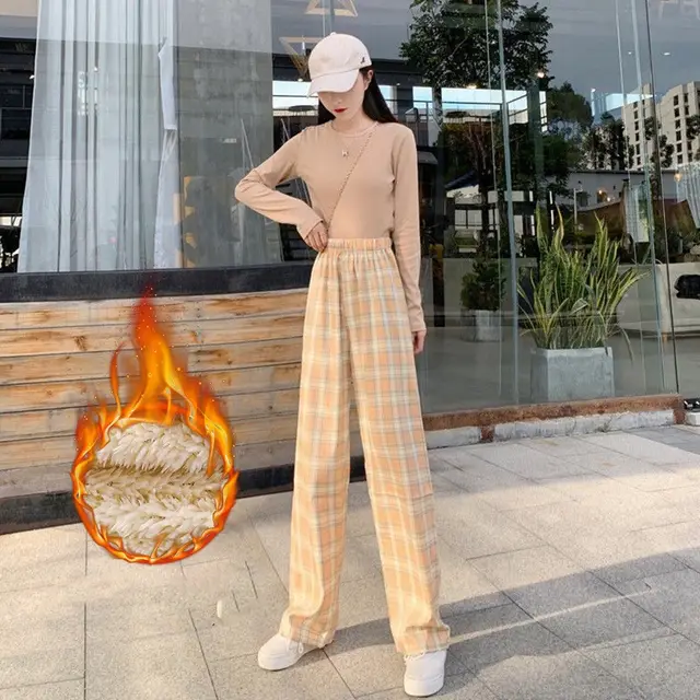 Autumn And Winter Padded Thickening High Waist Thin Drape Straight Casual Wide Leg Dragging Pants Yellow Plaid - Shop at LoveMi