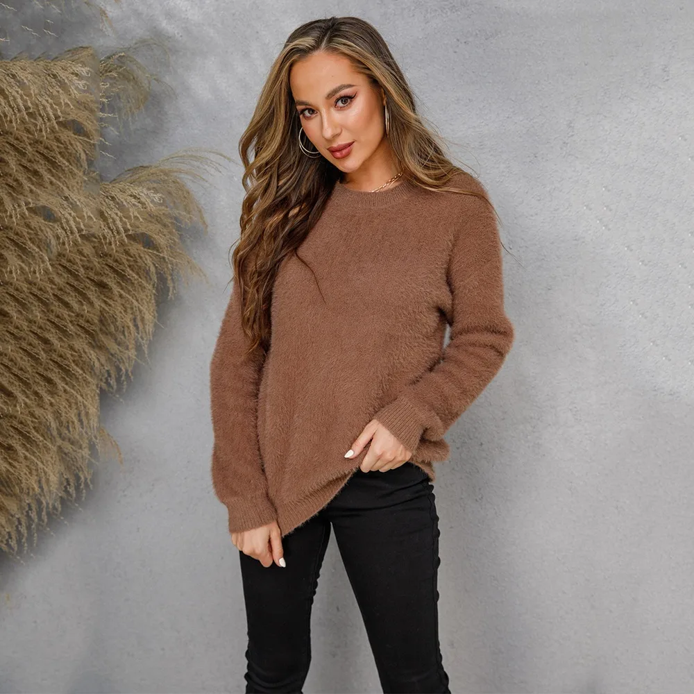 New Pullover Solid Color Mink Large Size Round Neck Sweater Sweater Bottoming Shirt Brown - Shop at LoveMi