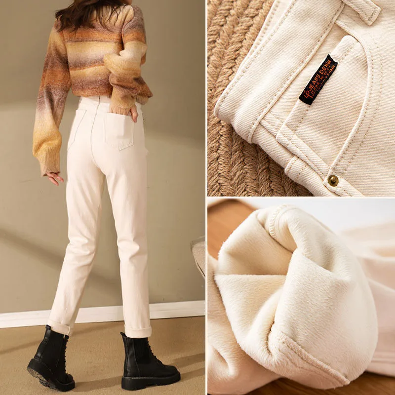 Plush Jeans For Women In Winter - Apricot One Buckle With Plush