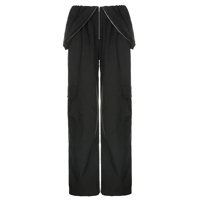 Solid Color High waisted Zipper V Loose Straight Pocket Cargo Pants Women Black - Shop at LoveMi