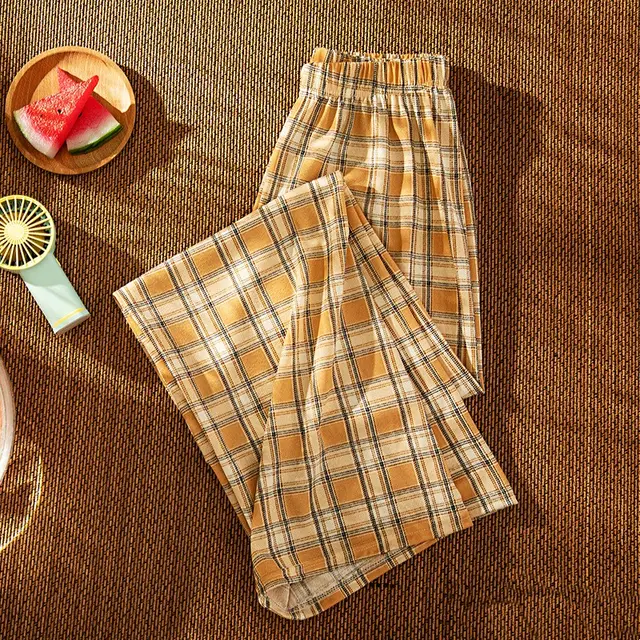 New High Waist Skinny Straight Wide Leg Pants Yellow Plaid - Shop at LoveMi