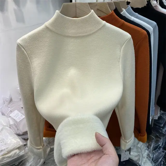 Women's Autumn Plush Thickened Half High Collar Solid Color Knitted Undercoat Sweater White - Shop at LoveMi