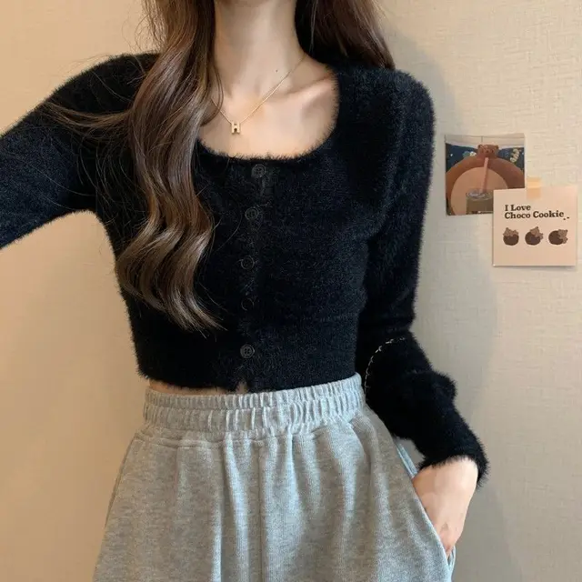 Square Collar Gentle Style Slim Fit Women's Knitted Sweater Top Black - Shop at LoveMi
