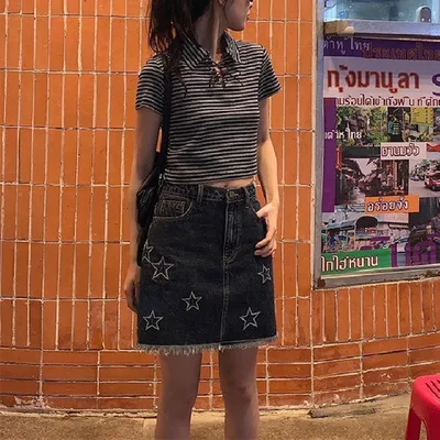 Star Embroidery American Vintage Denim Short Skirt Summer Women's High Waist Spice Girl Half Skirt Bag Hip Skirt Black - Shop at LoveMi