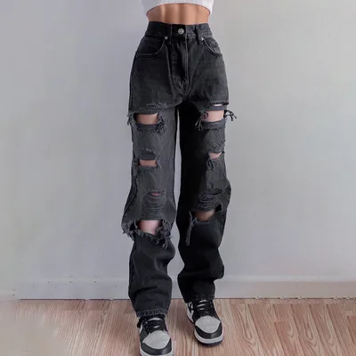 European And American Women's Ripped Jeans Black - Shop at LoveMi