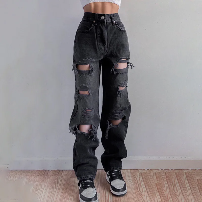 European And American Women's Ripped Jeans Black - Shop at LoveMi