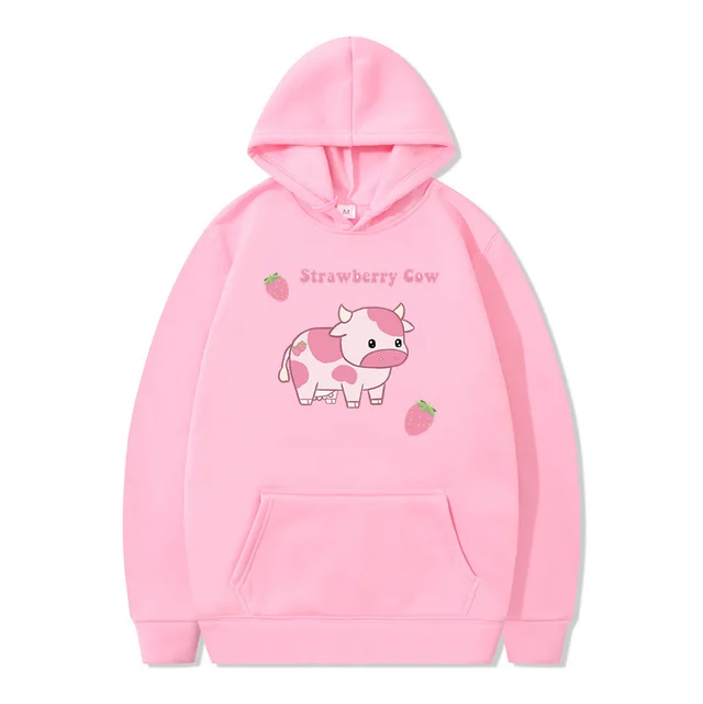Strawberry Milk Print Long sleeved Hoodie Pink - Shop at LoveMi