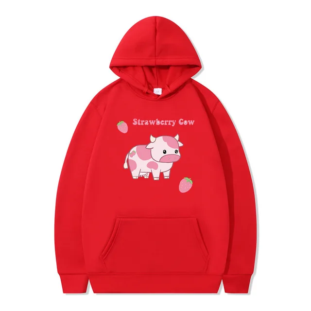 Strawberry Milk Print Long sleeved Hoodie Red - Shop at LoveMi