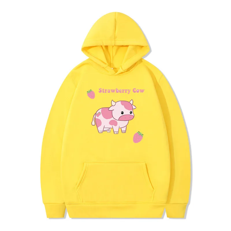 Strawberry Milk Print Long-sleeved Hoodie - Yellow