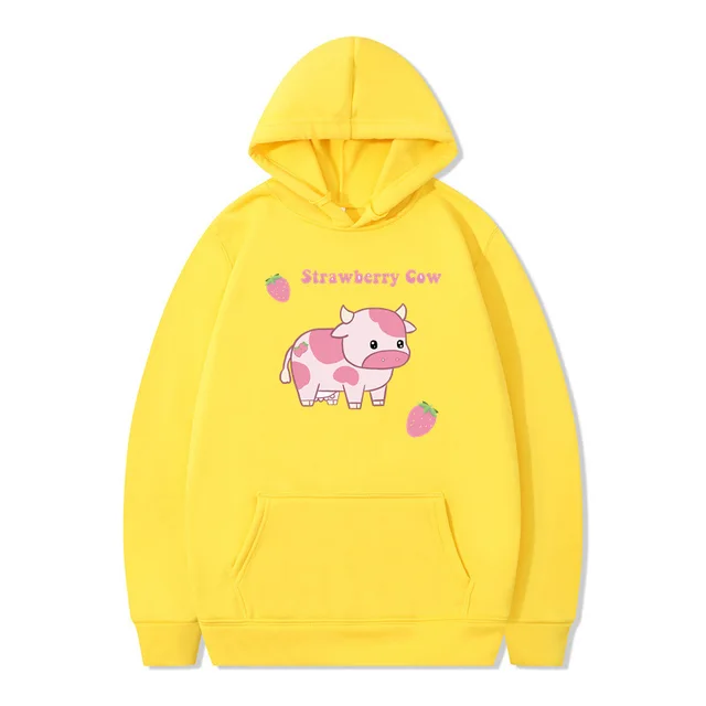 Strawberry Milk Print Long sleeved Hoodie Yellow - Shop at LoveMi