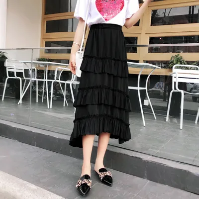 Irregular Skirt Women's A High Waist Tiered Mid length Pleated Dress Black - Shop at LoveMi