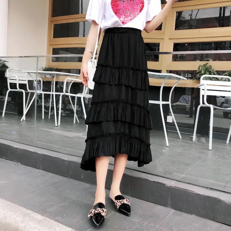 Irregular Skirt Women's A High Waist Tiered Mid length Pleated Dress Black - Shop at LoveMi