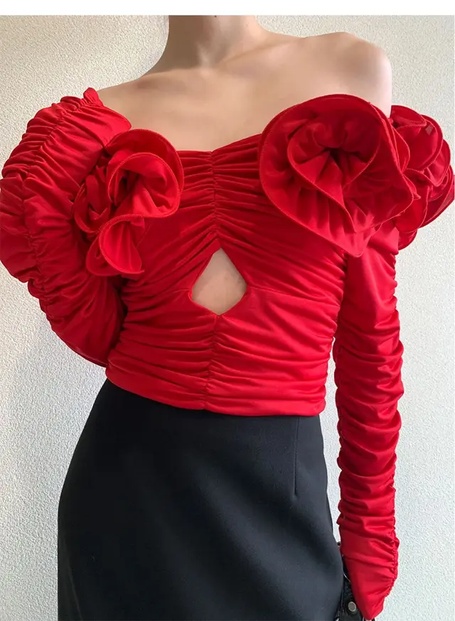 Floral Pleated One shoulder Slim Top Red - Shop at LoveMi