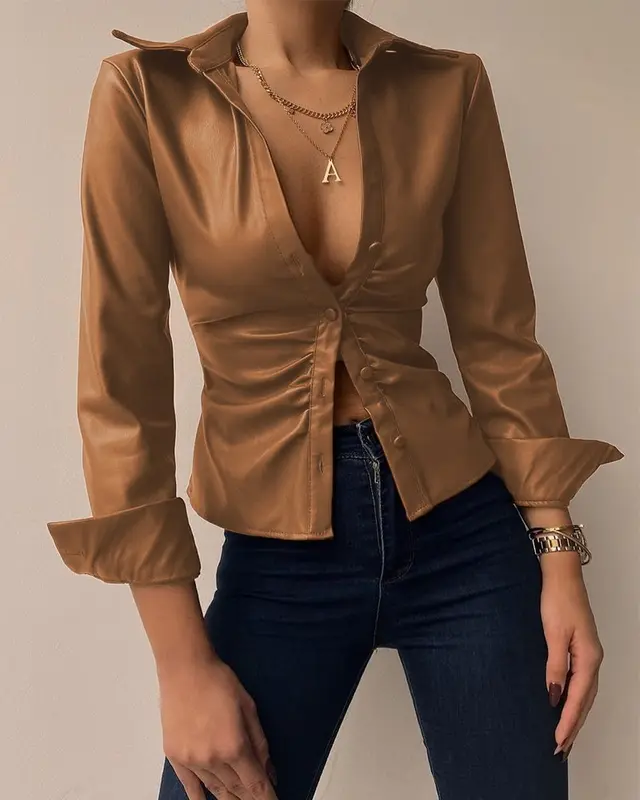 Spring Long Sleeved V Neck PU Leather Splicing Women Ginger - Shop at LoveMi