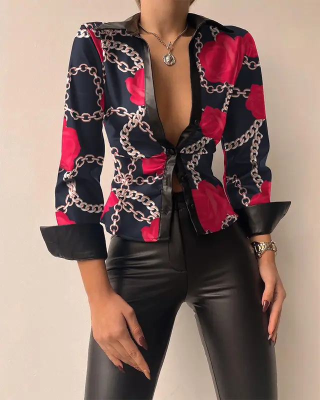 Spring Long Sleeved V Neck PU Leather Splicing Women Red Chain - Shop at LoveMi