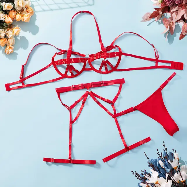 Sexy Strap Corset Solid Color Garter Strap Underwear Set Red - Shop at LoveMi