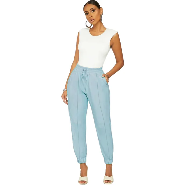 Solid Sexy PU Leather Casual Pants Light Blue - Shop at LoveMi
