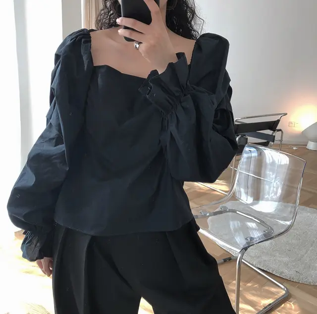 Korean Atmosphere Sense A Shoulder Square Neck White Shirt Black - Shop at LoveMi