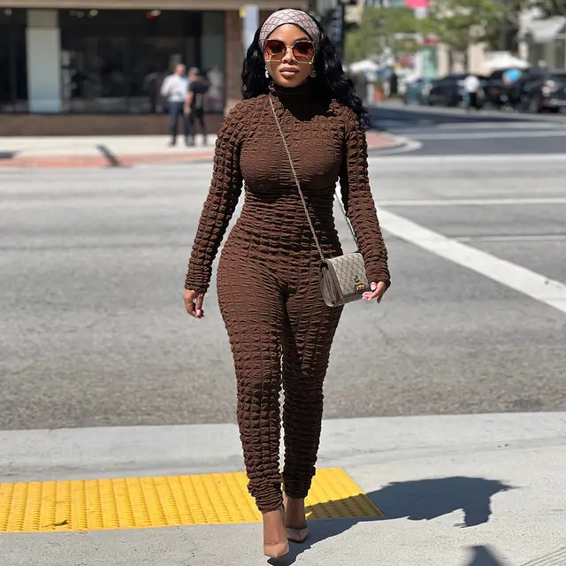 Autumn And Winter Casual Bubble Cloth Printed Round Neck Slim Jumpsuit Female Brown - Shop at LoveMi
