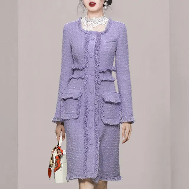 Xiaoxiang Romantic Su Long Woolen Coat Autumn New Product Female Temperament Square Collar Single Breasted Tweed Coat Purple - Shop at LoveMi