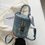 Round Bag Female Bag Ling Lattice Crossbody Bag Portable Bucket Bag Female - Blue