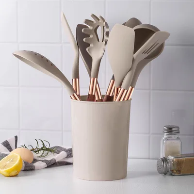 Silicone Kitchenware Set With Storage Seat Nonstick Pan Brown 9Piece Set - Shop at LoveMi