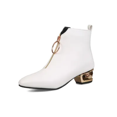 Women's Autumn Side Zipper Square Mid heel Ankle Boots White - Shop at LoveMi