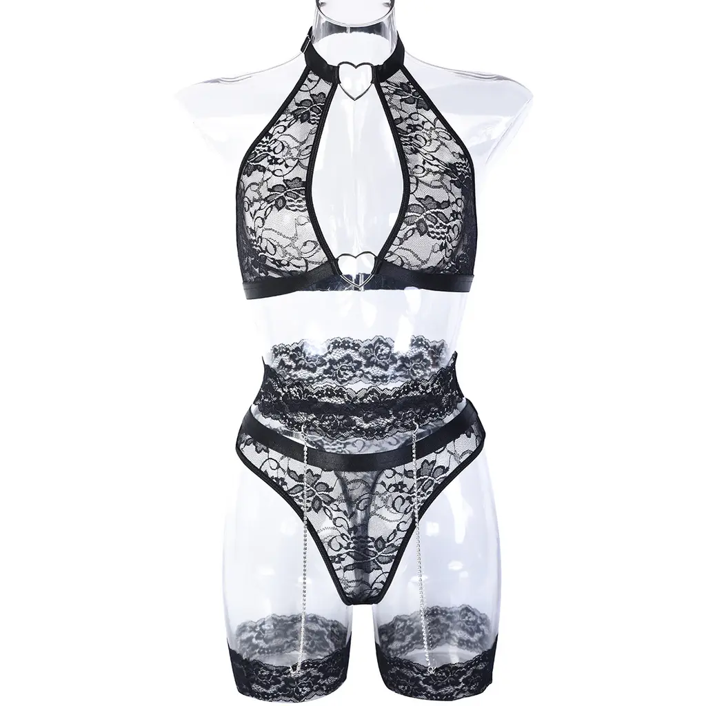 Europe And The United States Erotic Underwear 5-piece Set Express Burst Lace Exquisite Chain Stitching - Black