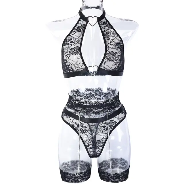 Europe And The United States Erotic Underwear 5 piece Set Express Burst Lace Exquisite Chain Stitching Black - Shop at LoveMi