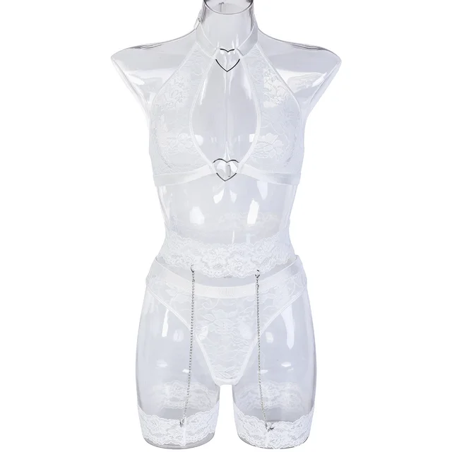 Europe And The United States Erotic Underwear 5 piece Set Express Burst Lace Exquisite Chain Stitching White - Shop at LoveMi