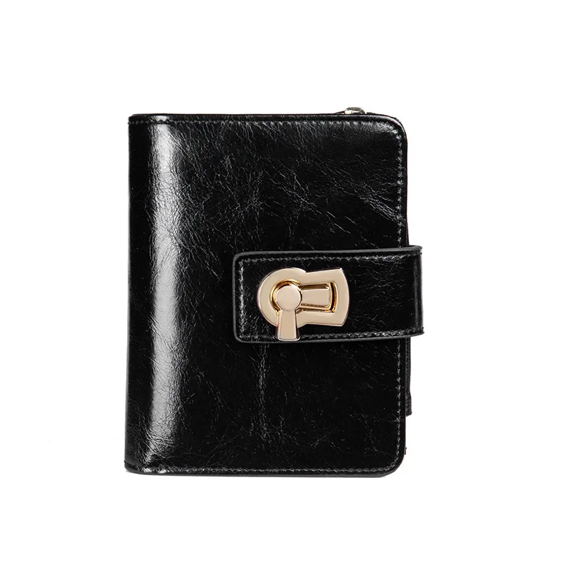 Women's Genuine Leather Small Wallet Metal Lock Luxury Short Purses - Black