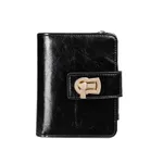 Women's Genuine Leather Small Wallet Metal Lock Luxury Short Purses - Black