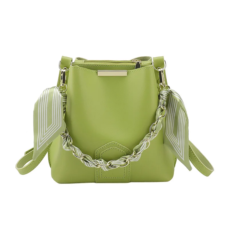 Leather Bucket Tote Bag with Chain Sling Handle Green - Shop at LoveMi