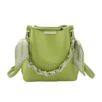 Leather Bucket Tote Bag with Chain Sling Handle - Green
