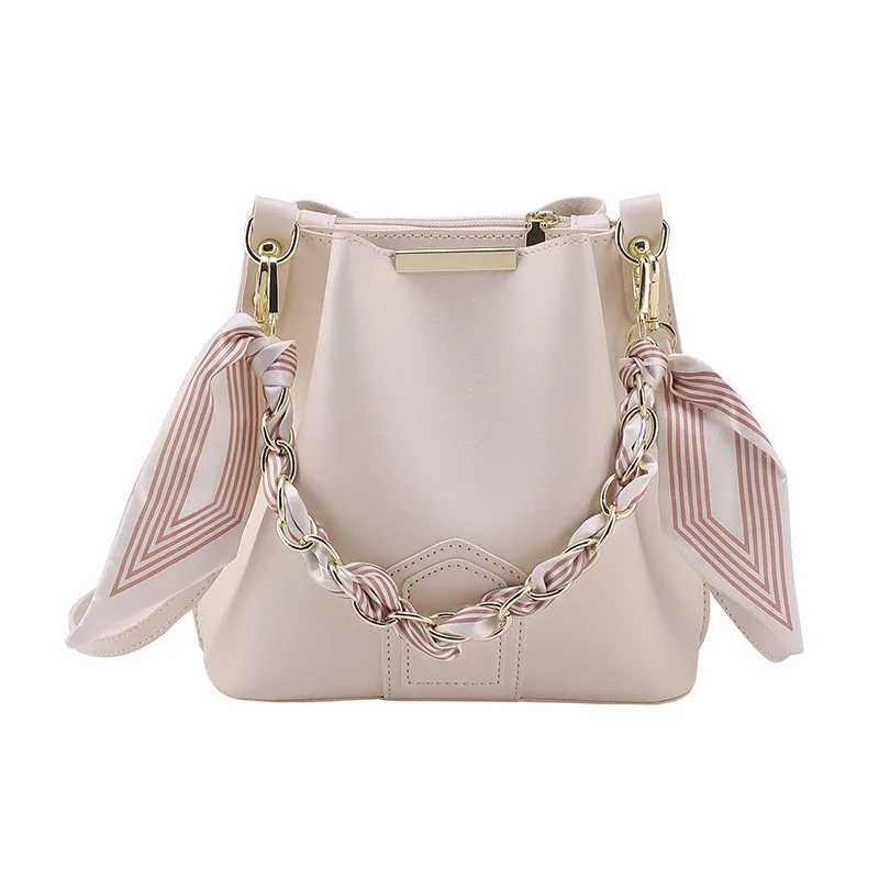Leather Bucket Tote Bag with Chain Sling Handle White - Shop at LoveMi