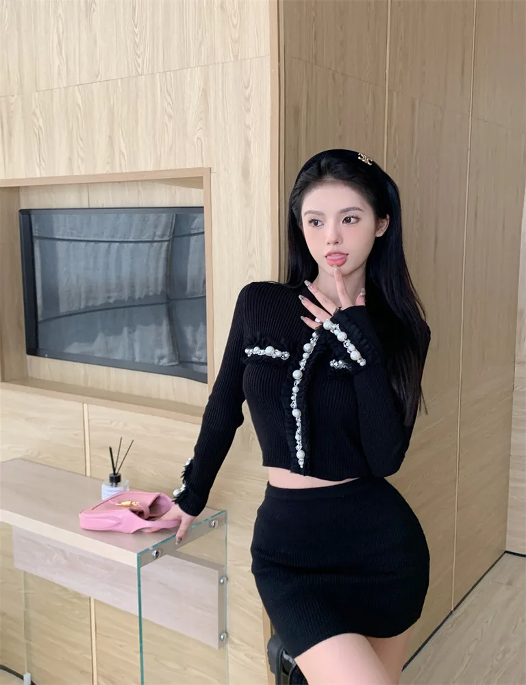 Autumn Black Sweet Slim Short Long sleeved Knitted Cardigan Top Hip Wrap Skirt - Shop at LoveMi