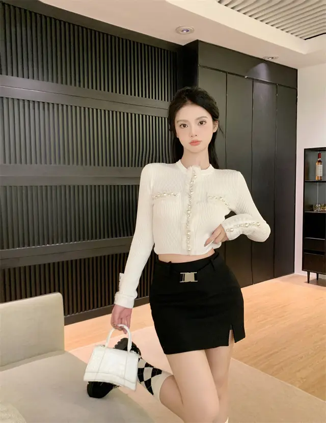 Autumn Black Sweet Slim Short Long sleeved Knitted Cardigan Top White Sweater - Shop at LoveMi