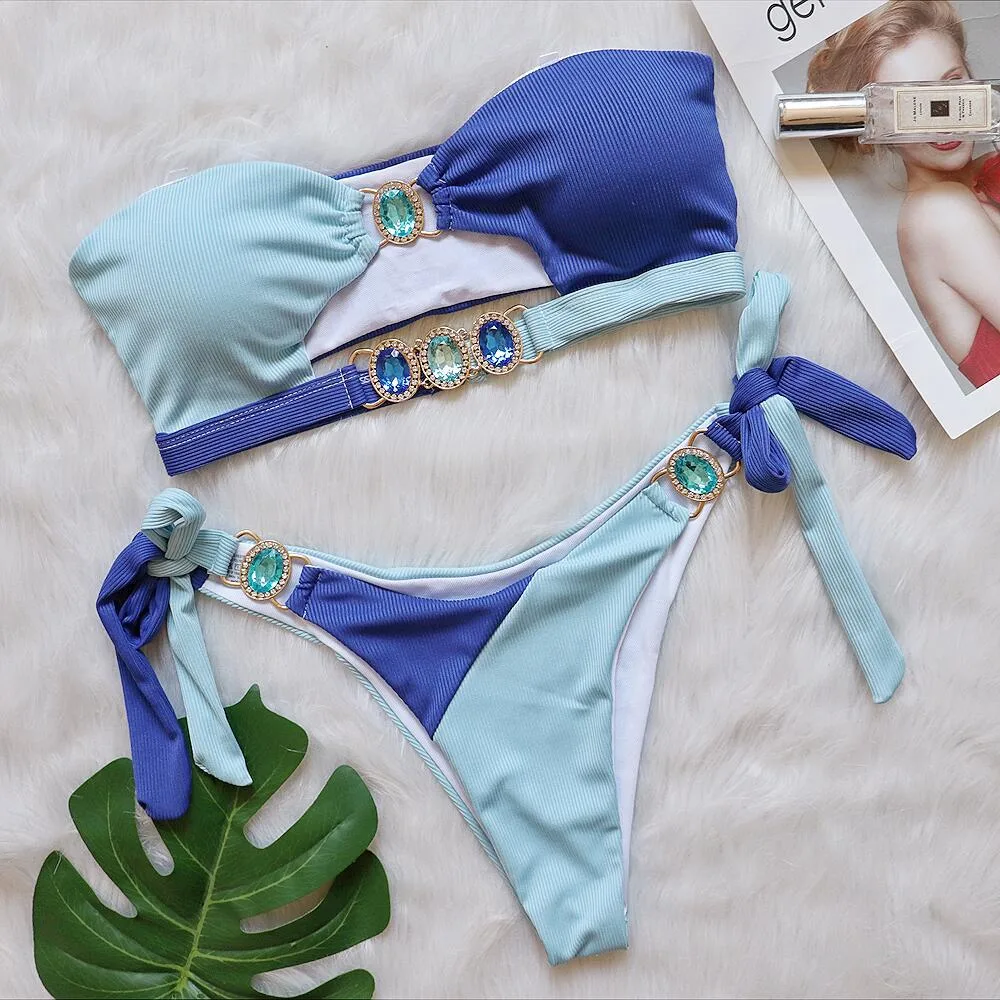 Sexy Crystal Diamond Bikini Detachable Chest Pad Splicing Chest Strap Split Swimsuit Blue - Shop at LoveMi