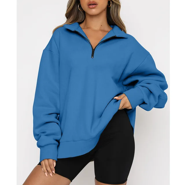 Women Sweatshirts Zip Turndown Collar Loose Casual Tops Clothes Blue - Shop at LoveMi