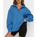 Women Sweatshirts Zip Turndown Collar Loose Casual Tops Clothes - Blue