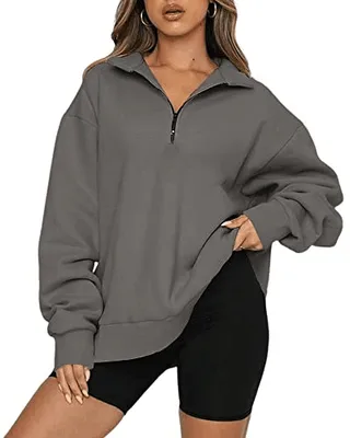 Women Sweatshirts Zip Turndown Collar Loose Casual Tops Clothes - Dark Grey