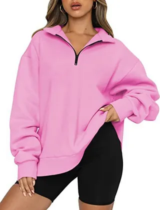 Women Sweatshirts Zip Turndown Collar Loose Casual Tops Clothes - Pink
