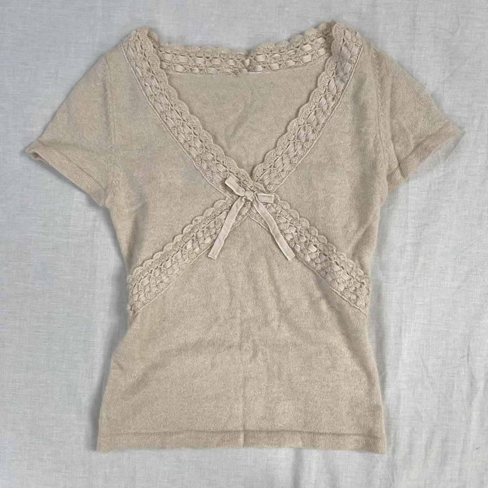 Knitted Bow Lace Deep V neck Short Sleeve T shirt Apricot - Shop at LoveMi