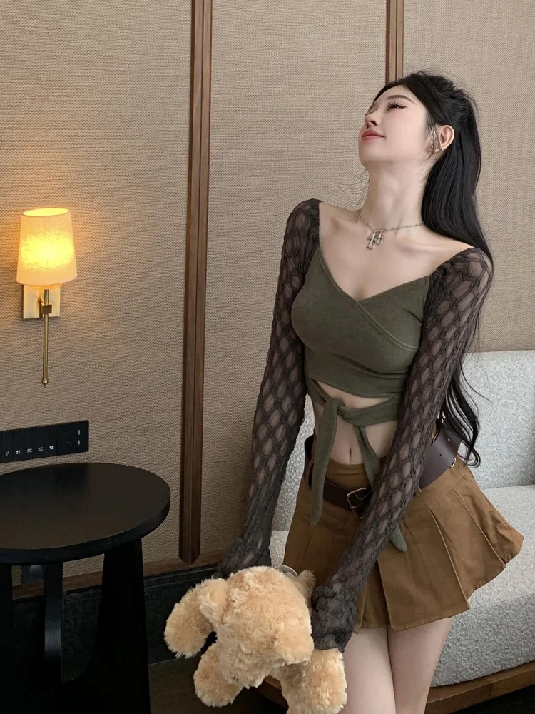Women's High Waist Short Splicing Knotted Top Army Green - Shop at LoveMi